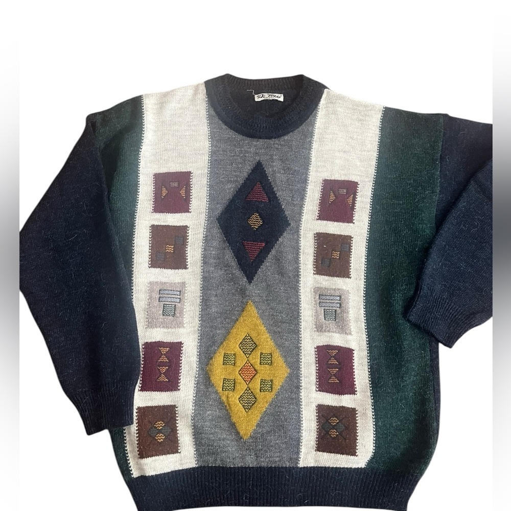 Vintage Ecelctic grandpa crewneck sweater geometric shapes blue and green base L